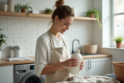 Femme lisant les pictogrammes de lessive sur une étiquette de soin dans une buanderie moderne et écoresponsable