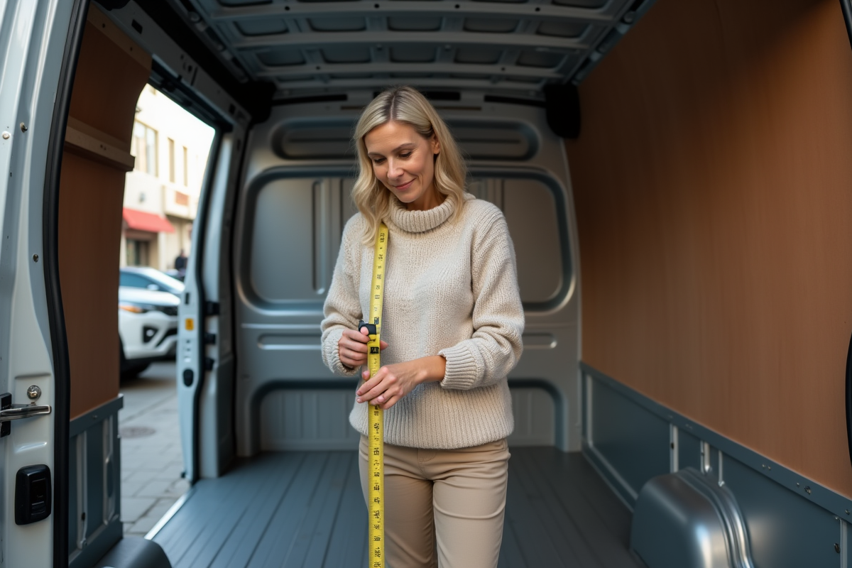 Femme mesurant l’intérieur d’une van en milieu urbain