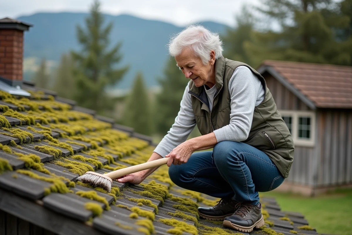 Femme âgée nettoyant un toit en bardeaux avec une brosse douce