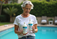 Différence entre floculant et clarifiant : comment choisir le bon produit ? Femme examinant des bouteilles de traitement piscine