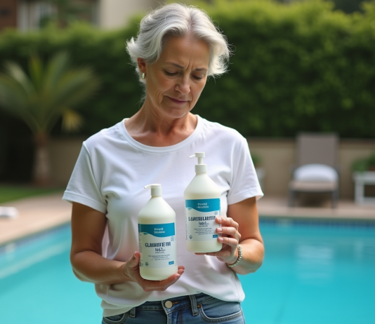 Différence entre floculant et clarifiant : comment choisir le bon produit ? Femme examinant des bouteilles de traitement piscine
