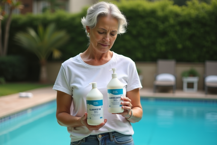 femme-nettoyage-piscine Femme examinant des bouteilles de traitement piscine
