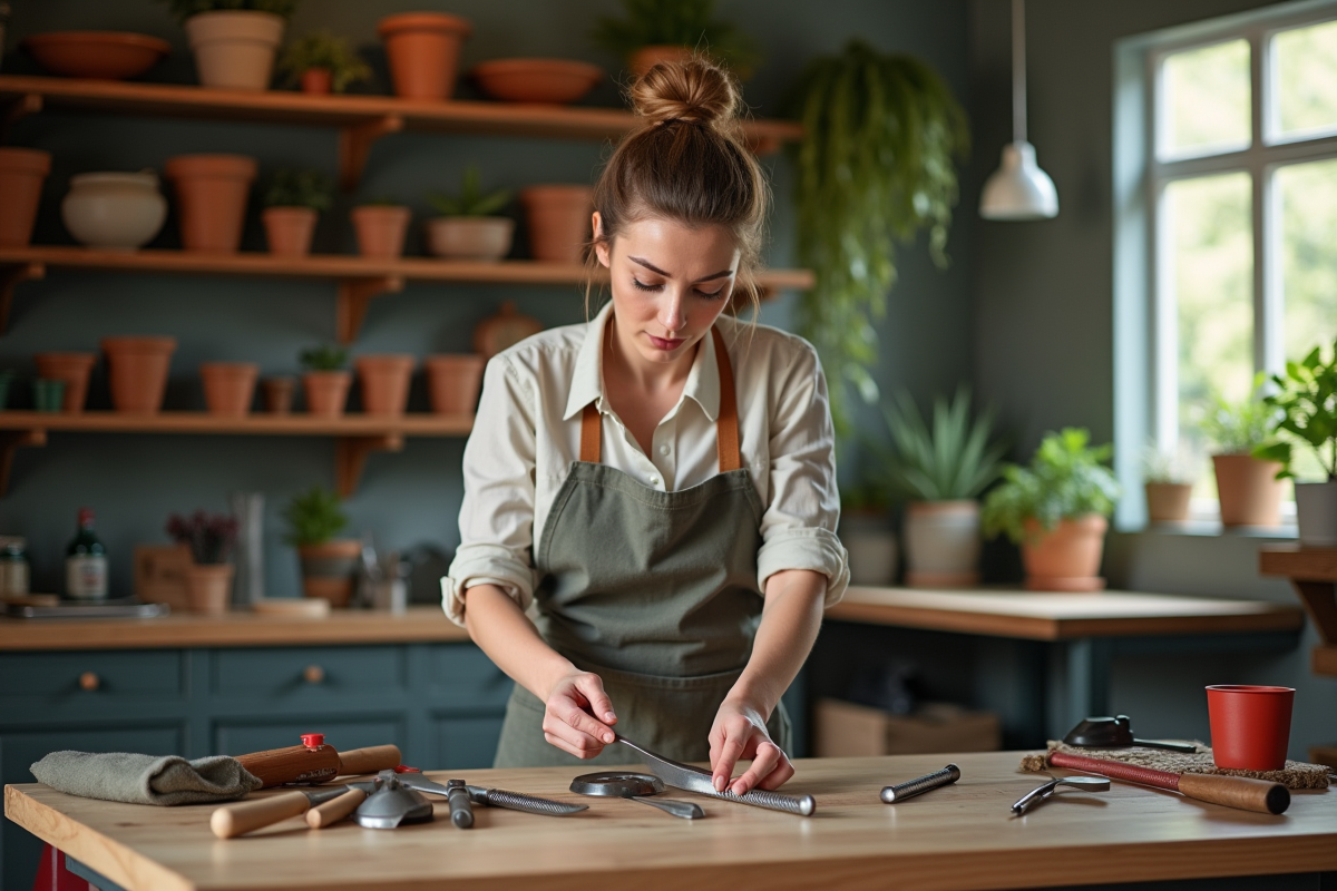 Femme rangeant et huilant des outils de jardinage en intérieur