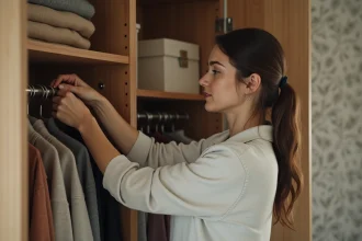 Femme organisant un placard avec des cintres et vêtements