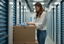 Découvrez les avantages d’une solution de stockage : Homebox, pourquoi y recourir ? Jeune femme rangeant des vêtements dans un box de stockage