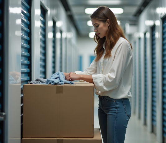 Découvrez les avantages d’une solution de stockage : Homebox, pourquoi y recourir ? Jeune femme rangeant des vêtements dans un box de stockage