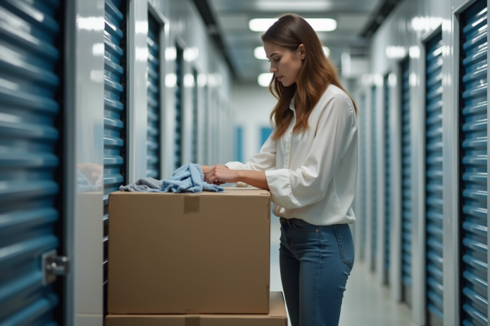 Jeune femme rangeant des vêtements dans un box de stockage