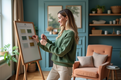Jeune femme en vert pinçant des échantillons de décoration