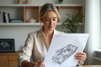 Femme consultant un plan 3D imprimé de son appartement pour valoriser sa location saisonnière