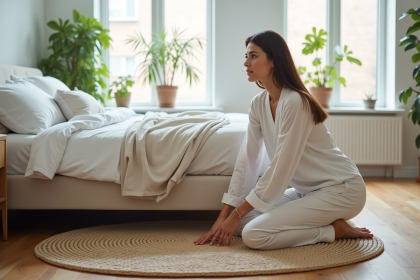 Jeune femme en loungewear dans une chambre moderne et calme