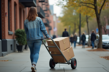 Jeune femme poussant une caisse en ville avec immeubles en arrière-plan