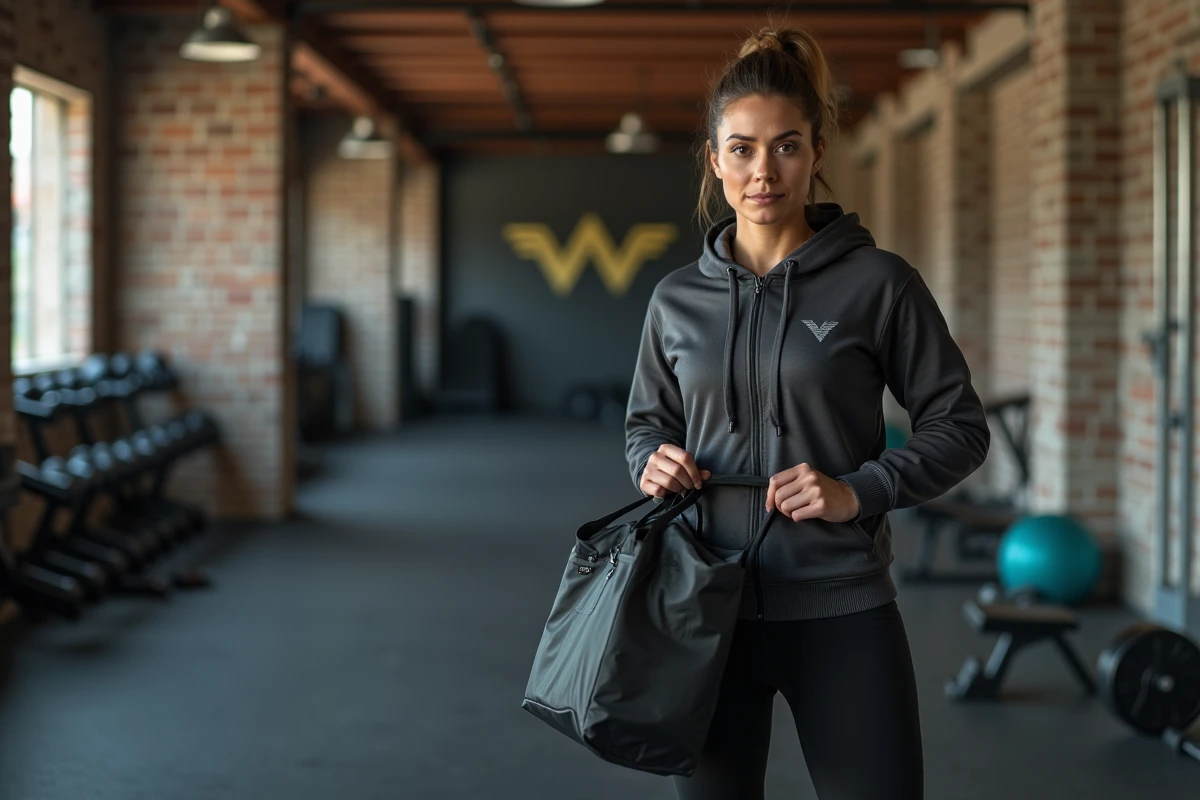 Femme attachant la sangle d’un sac de sport dans un studio