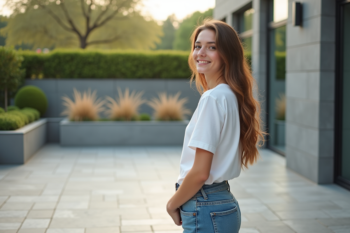 Jeune femme souriante sur une terrasse en pierre moderne