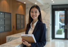 Caution pour une location : montant, remboursement, garantie locative Jeune femme professionnelle avec dossier de location dans un hall moderne