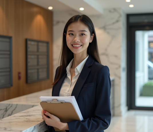 Caution pour une location : montant, remboursement, garantie locative Jeune femme professionnelle avec dossier de location dans un hall moderne