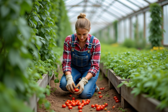 Femme récoltant des tomates cerises dans une serre