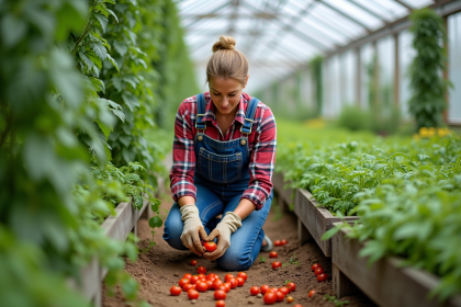 Femme récoltant des tomates cerises dans une serre