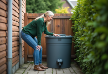 Eau de pluie pour les toilettes : est-ce possible et écologique ? Femme examinant un tank d'eau de pluie dans un jardin