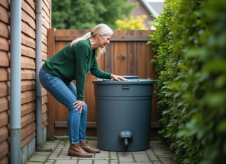 Eau de pluie pour les toilettes : est-ce possible et écologique ? Femme examinant un tank d'eau de pluie dans un jardin