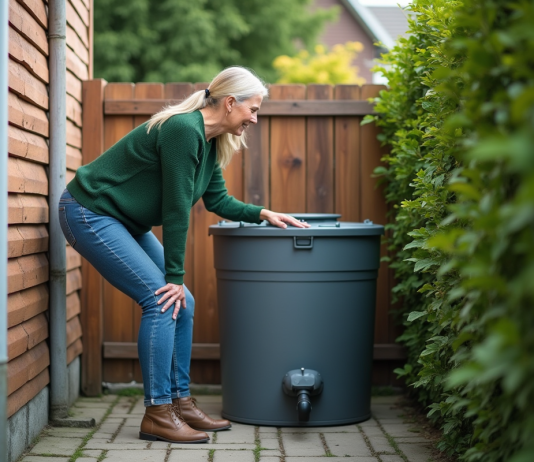 Eau de pluie pour les toilettes : est-ce possible et écologique ? Femme examinant un tank d'eau de pluie dans un jardin