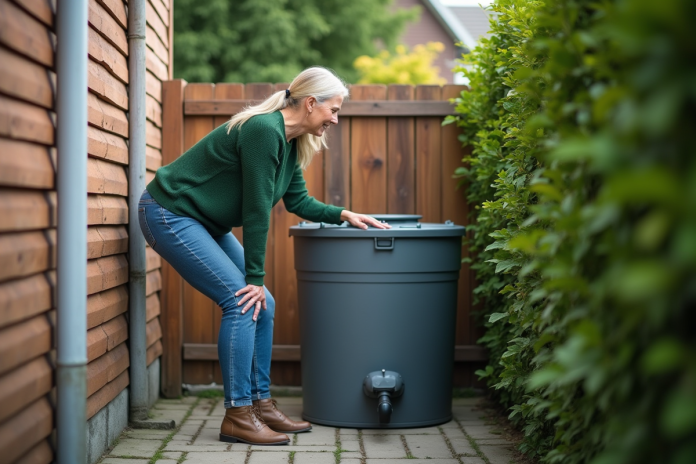 femme-recueillir-eau-de-pluie Femme examinant un tank d'eau de pluie dans un jardin