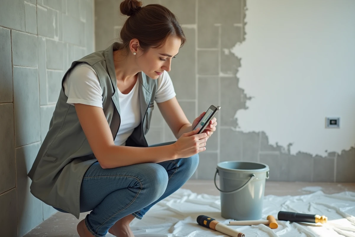 Femme bricolant une salle de bain en consultant un tutoriel de travaux sur son smartphone