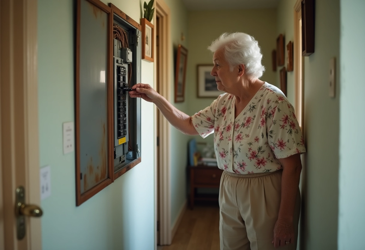 Femme retraitée regardant un panneau électrique dans un couloir
