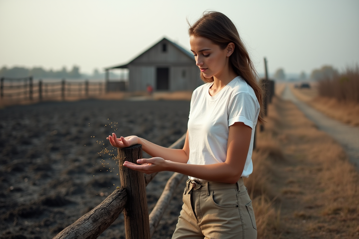 Jeune femme en blanc et kaki disperse des graines sur sol noirci