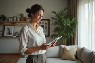 Femme en business casual utilisant une tablette dans un salon moderne