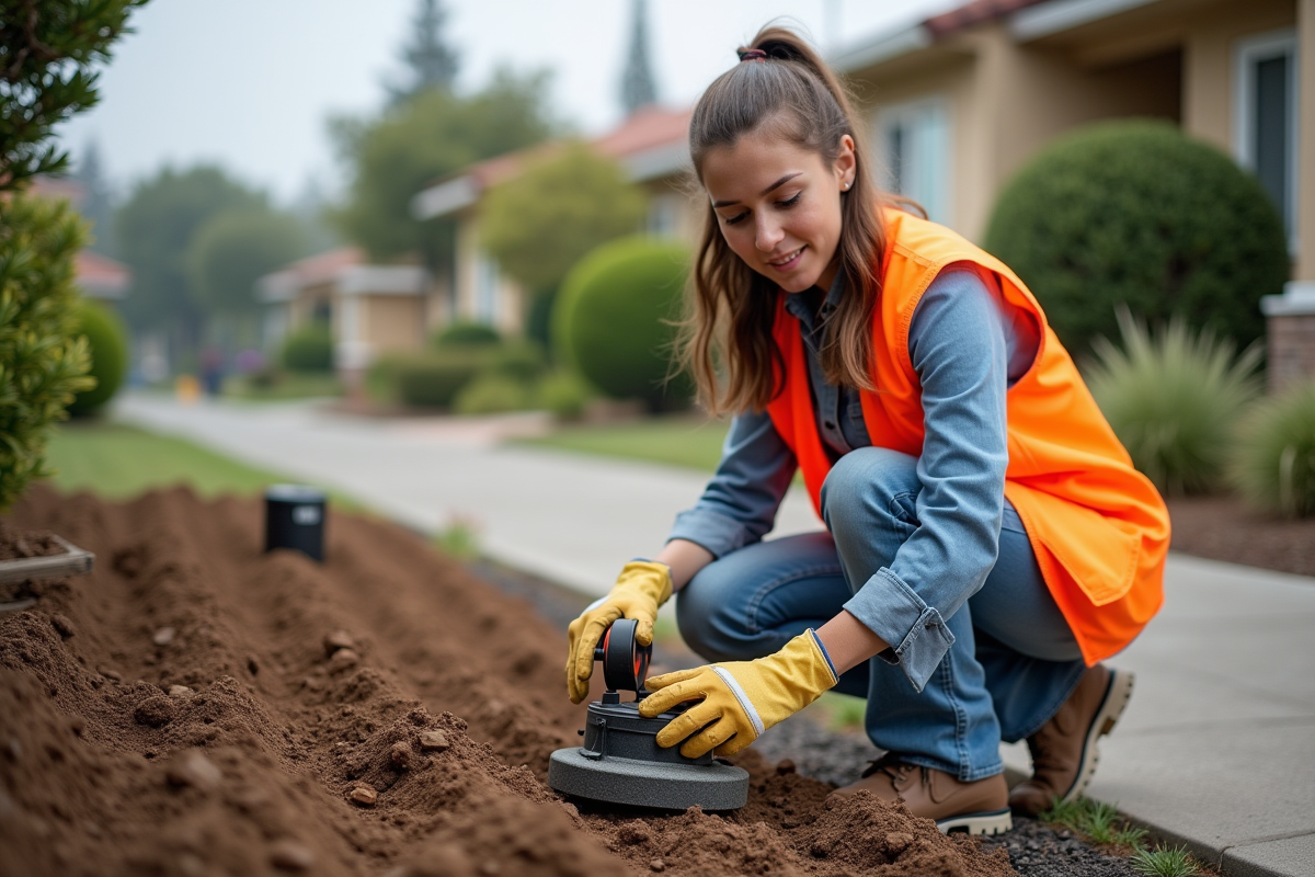 Jeune femme vérifiant le sol compacté avec un outil sur une allée résidentielle