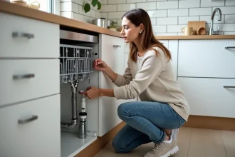 Femme vérifiant un raccord de vidange de lave-vaisselle dans une cuisine moderne