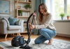 Les critères incontournables pour choisir le meilleur aspirateur traîneau Femme inspectant un aspirateur dans un salon lumineux