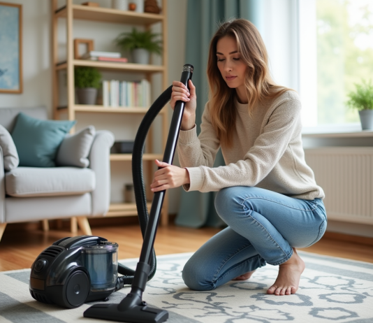 Femme inspectant un aspirateur dans un salon lumineux