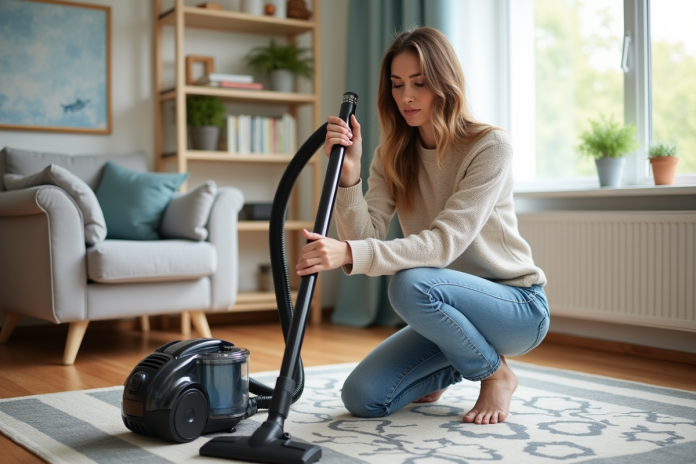 Femme inspectant un aspirateur dans un salon lumineux