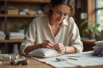 Femme cousant à la main les finitions d'un sachet en tissu lavande sur une table d'atelier en bois
