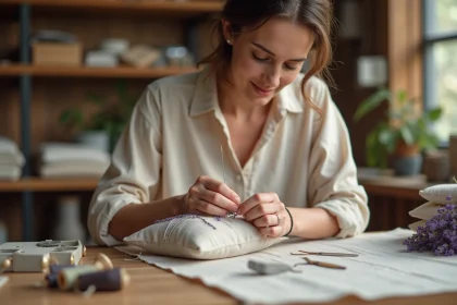 Femme cousant à la main les finitions d'un sachet en tissu lavande sur une table d'atelier en bois