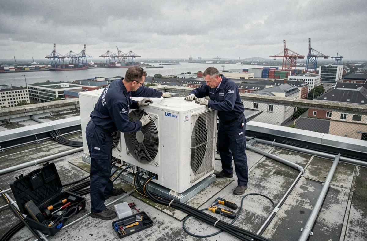 Deux techniciens Firms Energies installant un système de climatisation VRF multi-zone sur un toit commercial au Havre