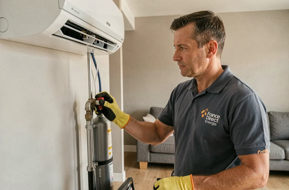 Technicien de France Direct Habitat Energie installant une unité intérieure de climatisation dans un salon moderne