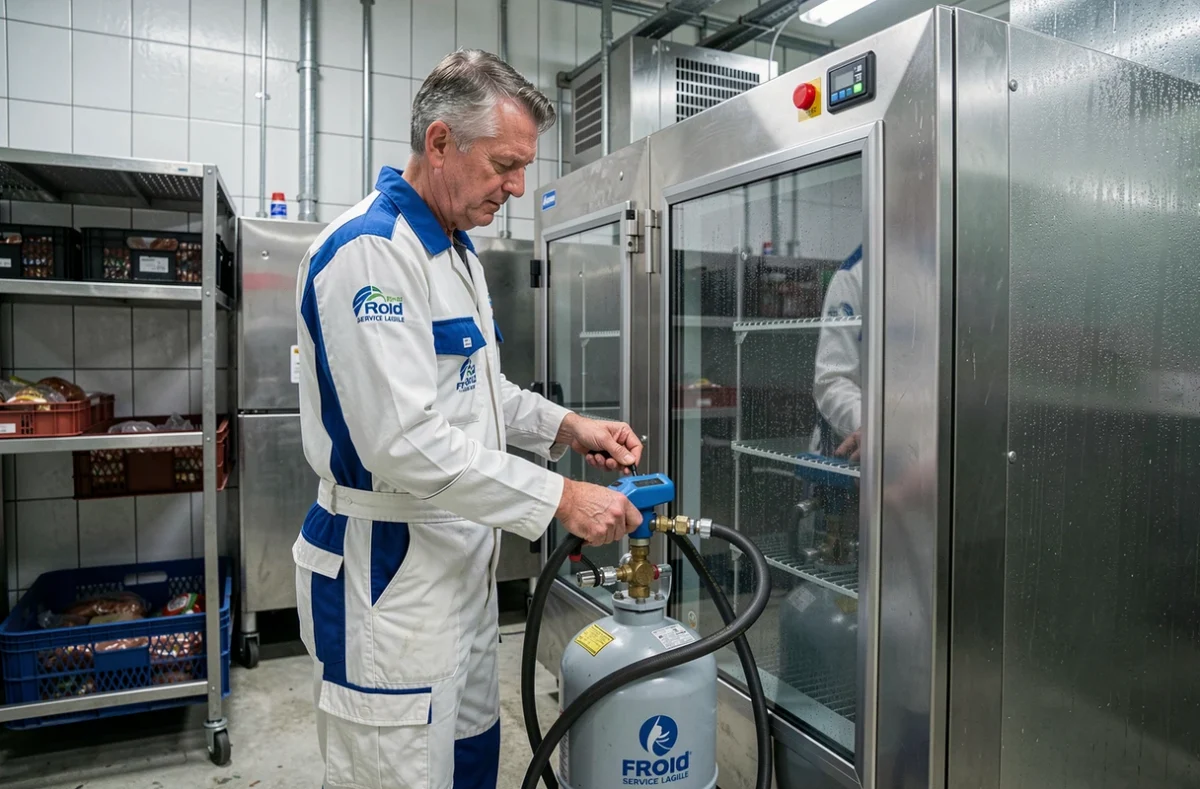 Technicien Froid Service Lagille manipulant des équipements frigorifiques dans une chambre froide industrielle en Seine-Maritime