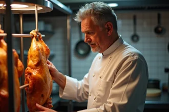 Poulet rôti doré dans une rôtissoire professionnelle