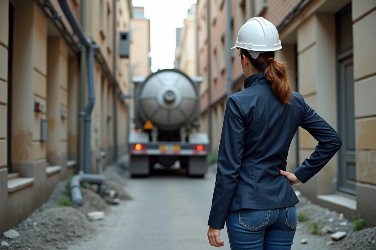 Gestionnaire de chantier pointant une allée étroite en renovation urbaine