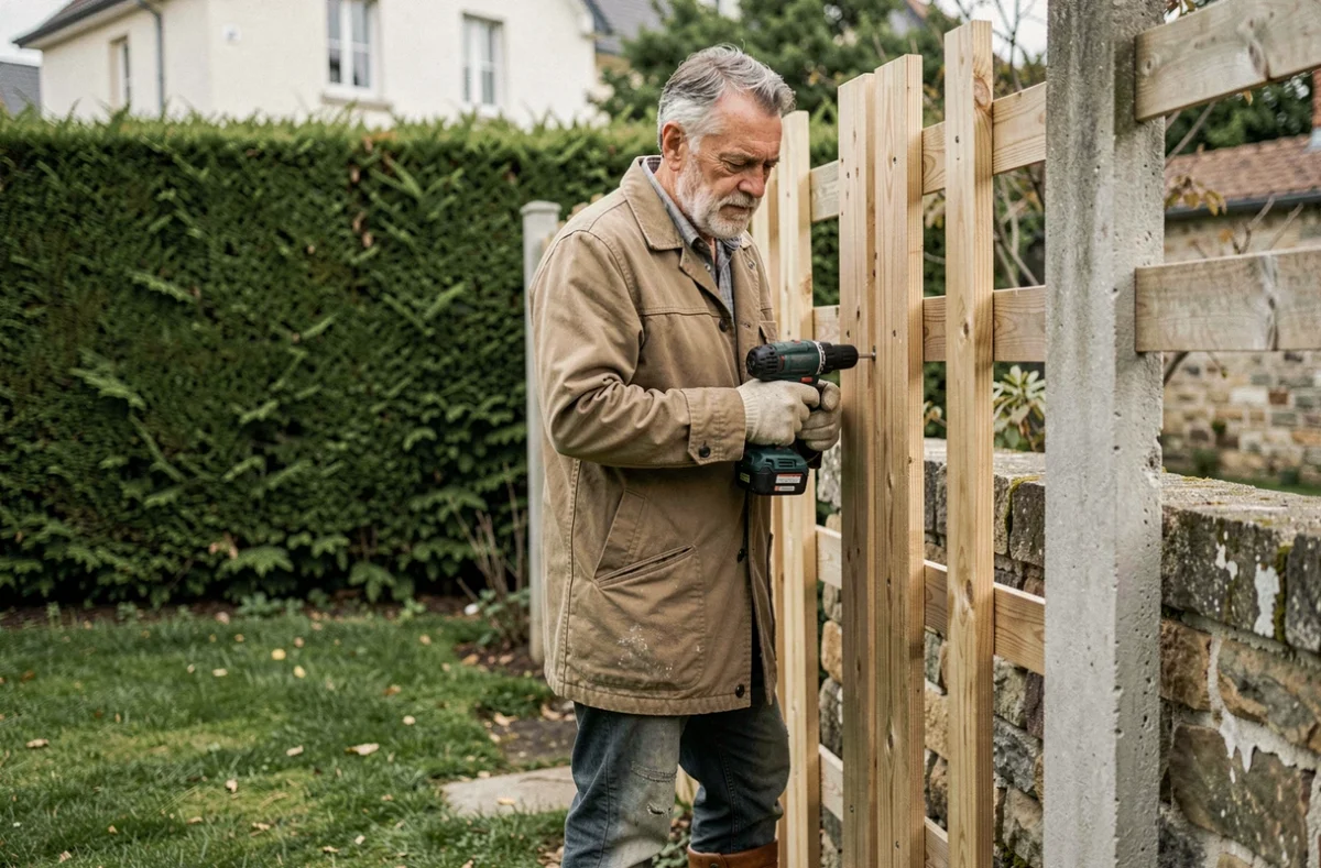 Artisan menuisier installant une clôture en bois dans un jardin de banlieue parisienne pour GONCALVES CLÔTURES