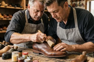 Cordonnier appliquant de la graisse pour chaussure en cuir sur un oxford marron avec une brosse en crin dans un atelier artisanal