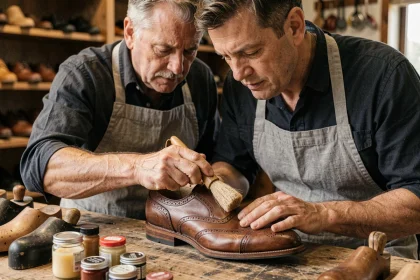 Cordonnier appliquant de la graisse pour chaussure en cuir sur un oxford marron avec une brosse en crin dans un atelier artisanal