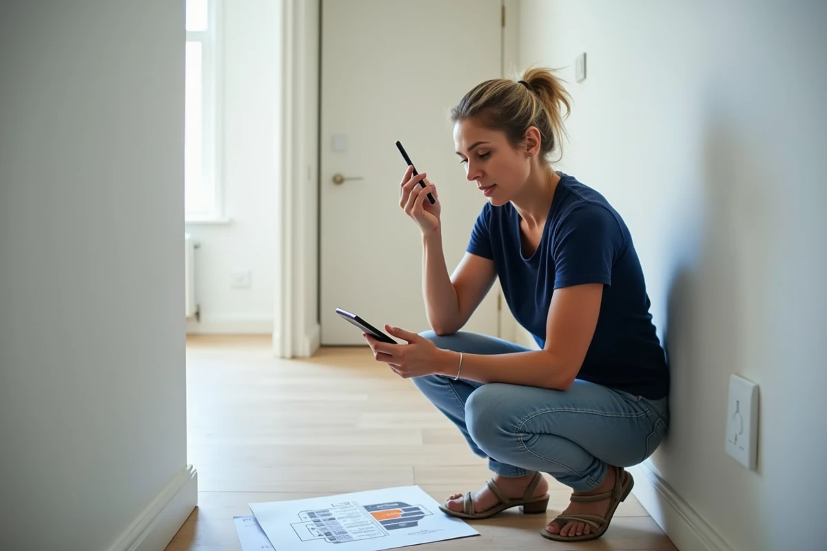 Femme consultant un guide de charge maximale pour fixer une TV sur cloison en placo