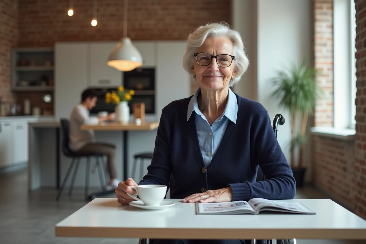 Femme en fauteuil roulant à une table à manger réglée à la bonne hauteur ergonomique dans un appartement moderne