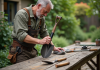 Meilleure huile pour protéger les outils de jardin : astuces de pros ! Homme appliquant de l'huile sur une pelle de jardin