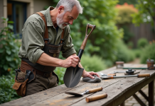 Meilleure huile pour protéger les outils de jardin : astuces de pros ! Homme appliquant de l'huile sur une pelle de jardin