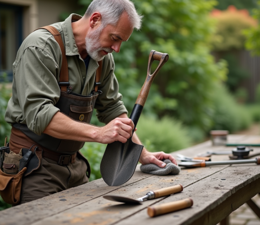 Meilleure huile pour protéger les outils de jardin : astuces de pros ! Homme appliquant de l'huile sur une pelle de jardin