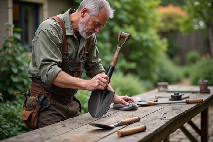 homme-application-huile-outil-jardin Homme appliquant de l'huile sur une pelle de jardin